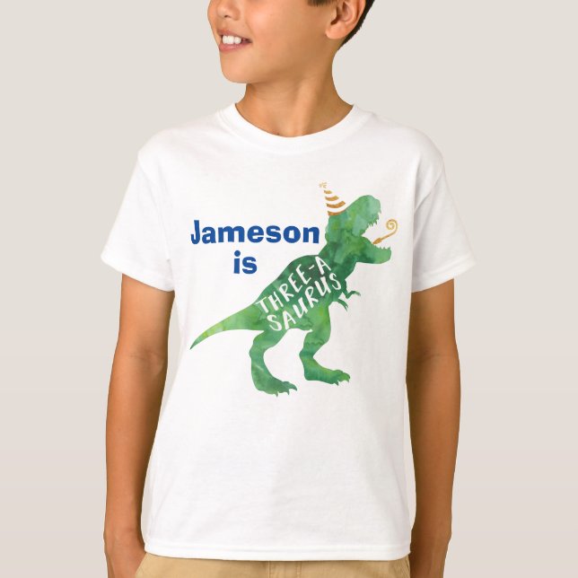 Dinosaur Födelsedags T-Shirt Tre A Saurus (Framsida)
