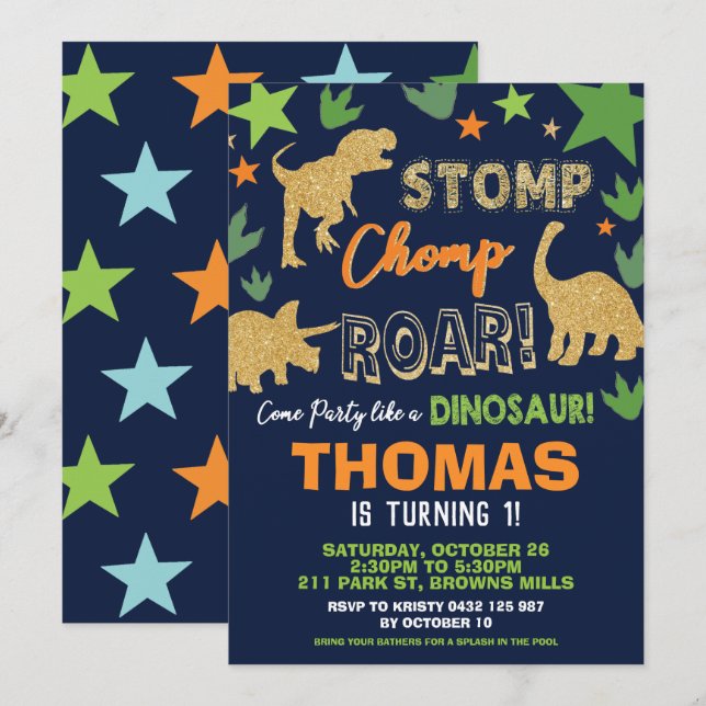 Dinosaur Födelsedagsfest Bash Boy Roarsome Inbjudningar (Fram/baksida)