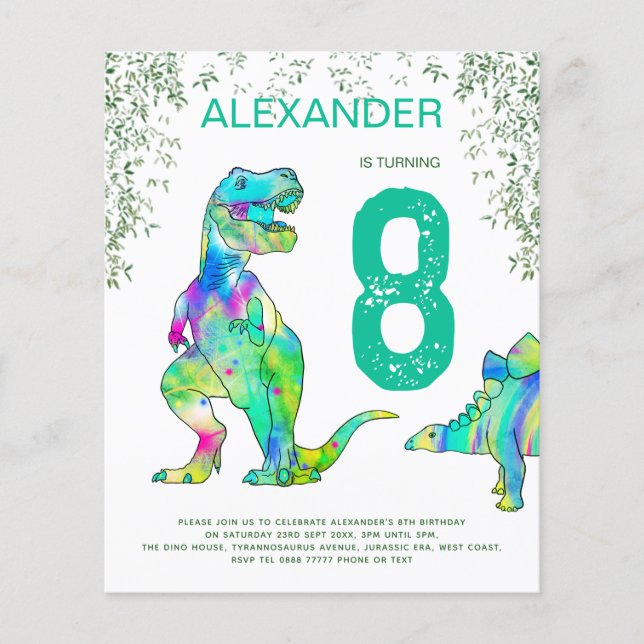 Dinosaur födelsedagsfest budget flygblad (Framsidan)