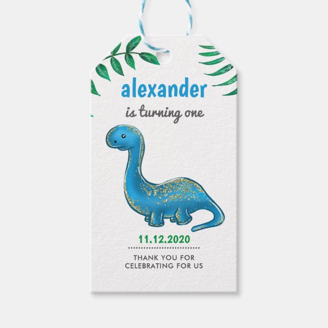 Dinosaur-Födelsedagsfest | Cute Blue Dino Tack Presentetikett (Framsidan)