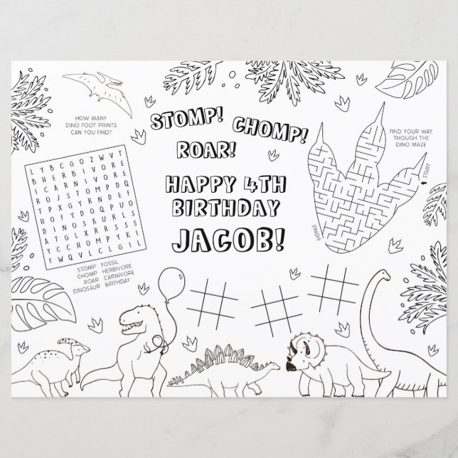 Dinosaur Födelsedagsfest Färgläggning Placemat (Framsida)