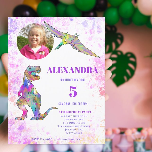 Dinosaur Födelsedagsfest för tjejer Anpassad bild Inbjudan Vykort (Girls dinosaur 5th birthday party with photo template postcard invitation )