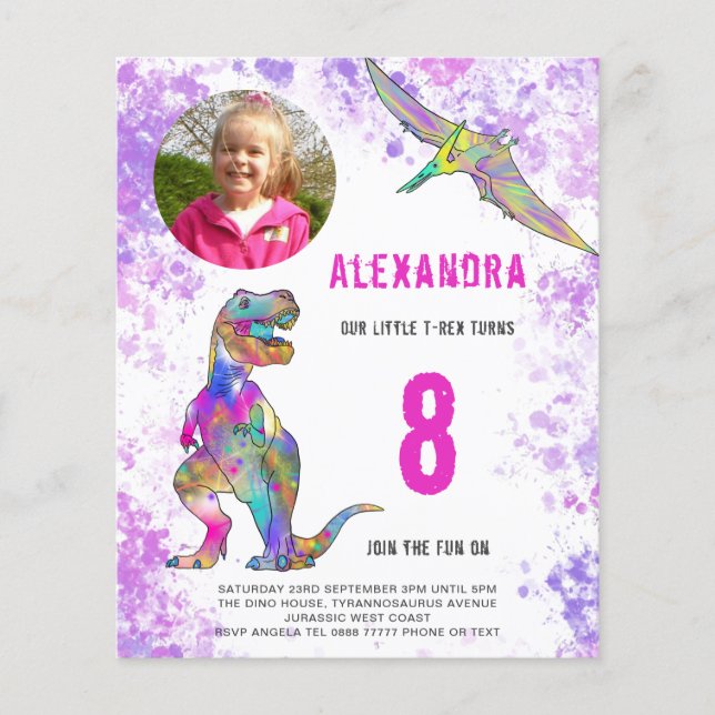Dinosaur Födelsedagsfest Foto Budget Rosa Flygblad (Framsidan)