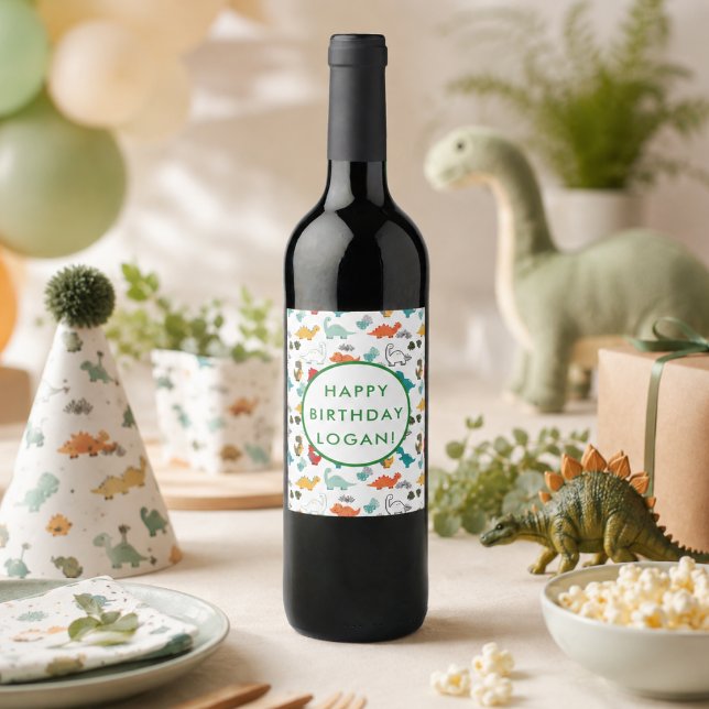Dinosaur födelsedagsfest foto vinflaska etikett (Dinosaur Birthday Party Photo Wine Label)