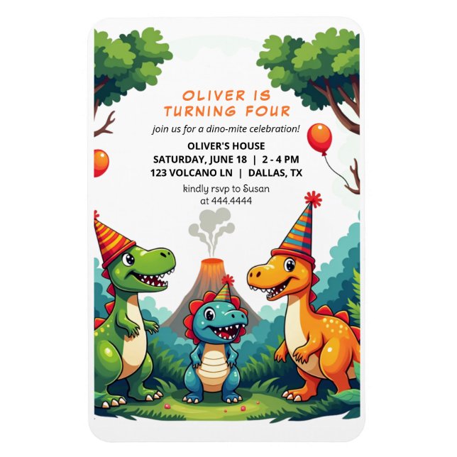 Dinosaur Födelsedagsfest inbjudan Flexible Magnet (Vertikal)