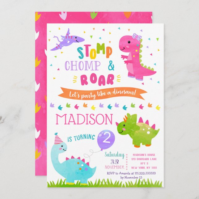 Dinosaur Födelsedagsfest inbjudan för flicka (Fram/baksida)