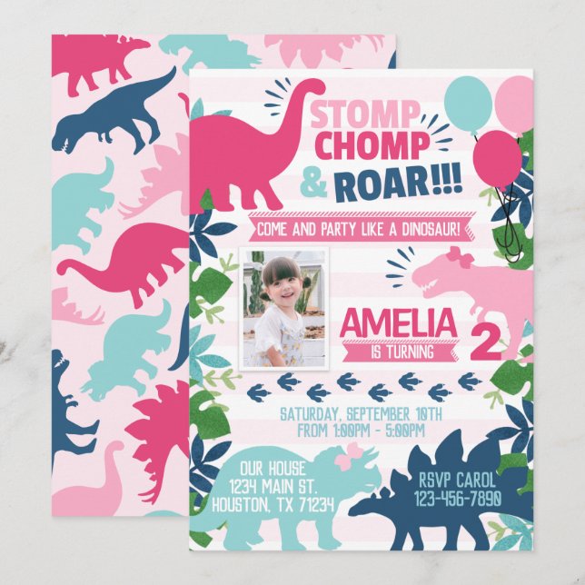 Dinosaur Födelsedagsfest inbjudan Inbjudan (Fram/baksida)