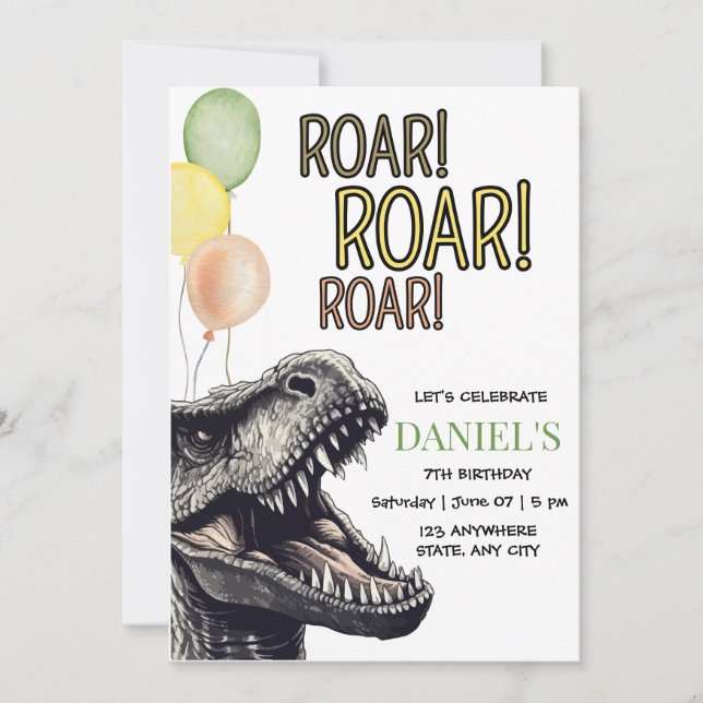 Dinosaur födelsedagsfest inbjudan, rytande T-Rex  Inbjudningar (Framsida)