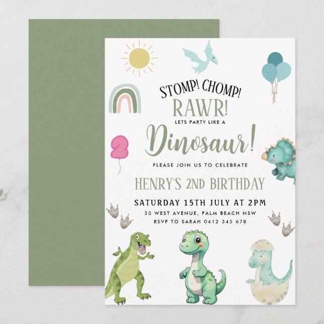 Dinosaur-Födelsedagsfest Inbjudningar (Fram/baksida)