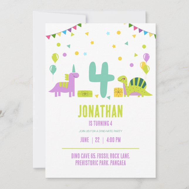 Dinosaur Födelsedagsfest Pastell Barn 4-årsdag Inbjudningar (Framsida)