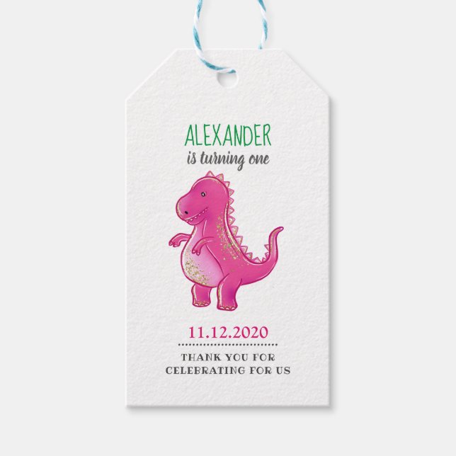 Dinosaur-Födelsedagsfest | Rosa Trex Dino Tack Presentetikett (Framsidan)