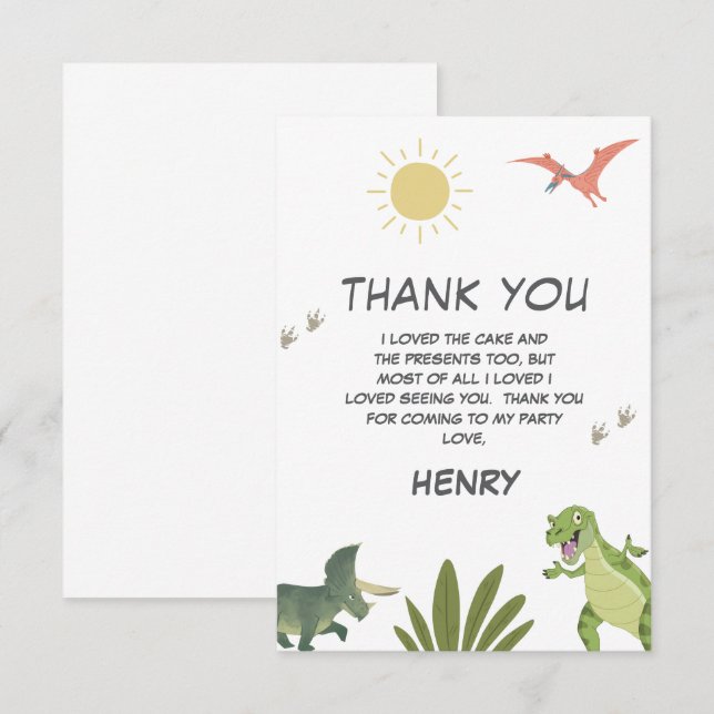 Dinosaur-Födelsedagsfest Tack Kort (Fram/baksida)