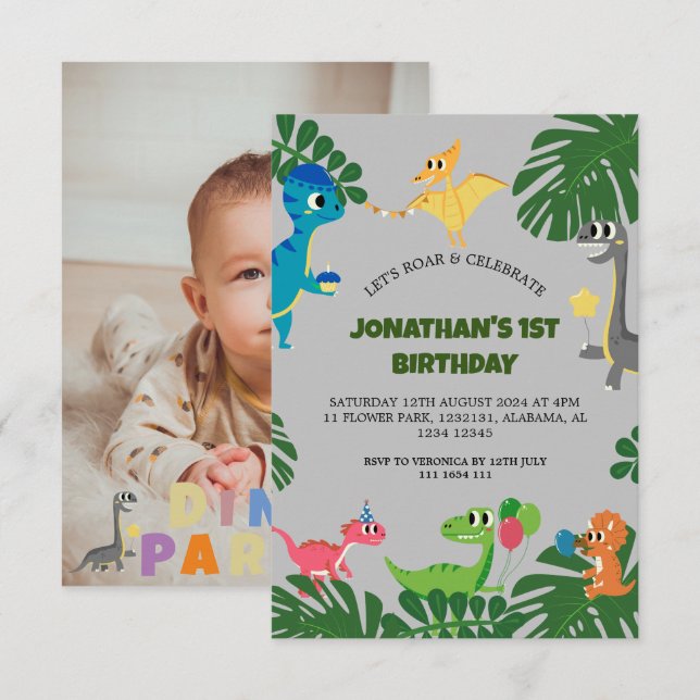 Dinosaur-Födelsedagsfesten första födelsedag Baby  Inbjudningar (Fram/baksida)