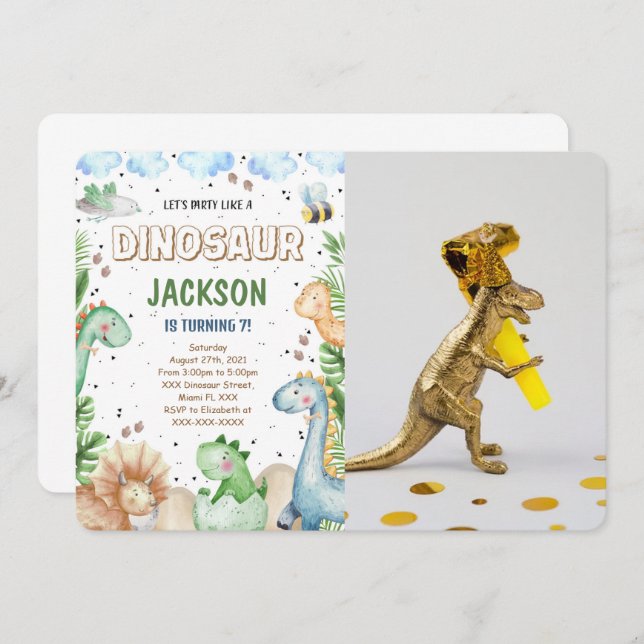 Dinosaur födelsedagsfoto inbjudan (Fram/baksida)