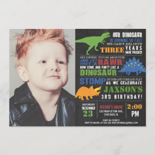 Dinosaur-födelsedagsfotokrita rawboard-rawell-pojk inbjudningar