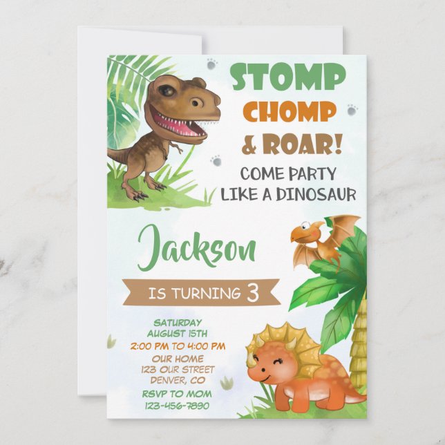 Dinosaur-födelsedagsinbjudan Dino-inbjudan Inbjudningar (Framsida)