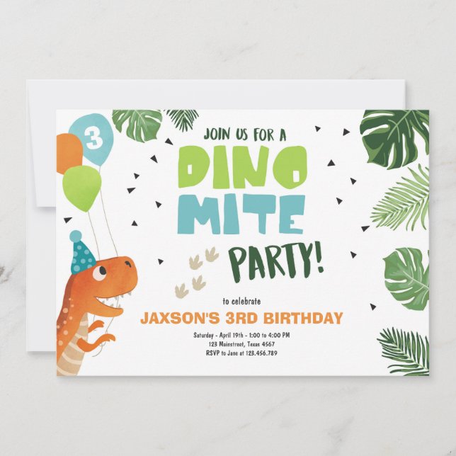 Dinosaur-födelsedagsinbjudan Dino mite T-Rex party Inbjudningar (Framsida)