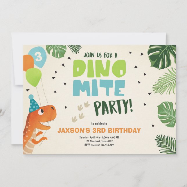 Dinosaur-födelsedagsinbjudan Dino mite T-Rex party Inbjudningar (Framsida)