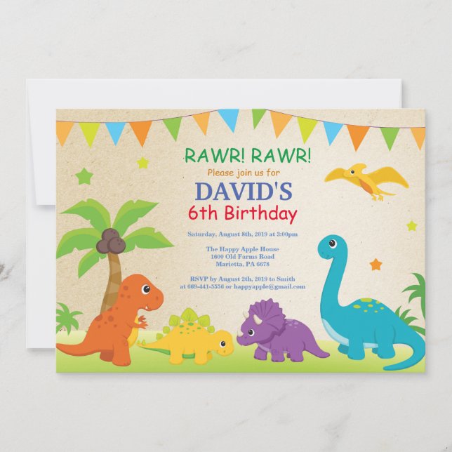 Dinosaur-födelsedagsinbjudan Dino Party Inbjudningar (Framsida)