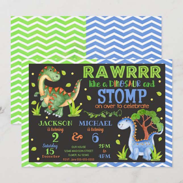 Dinosaur-födelsedagsinbjudan för syskon inbjudningar (Fram/baksida)