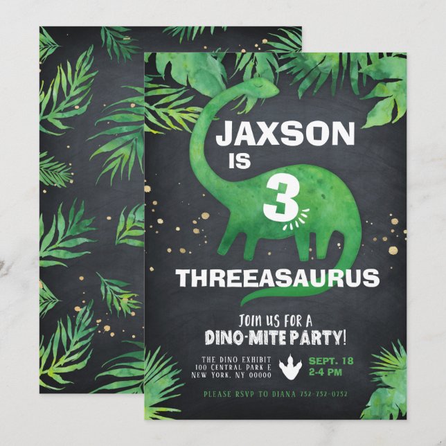 Dinosaur födelsedagsinbjudan inbjudningar (Fram/baksida)