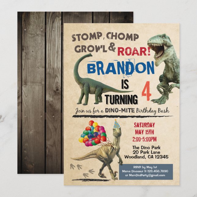 Dinosaur-födelsedagsinbjudan Inbjudningar (Fram/baksida)