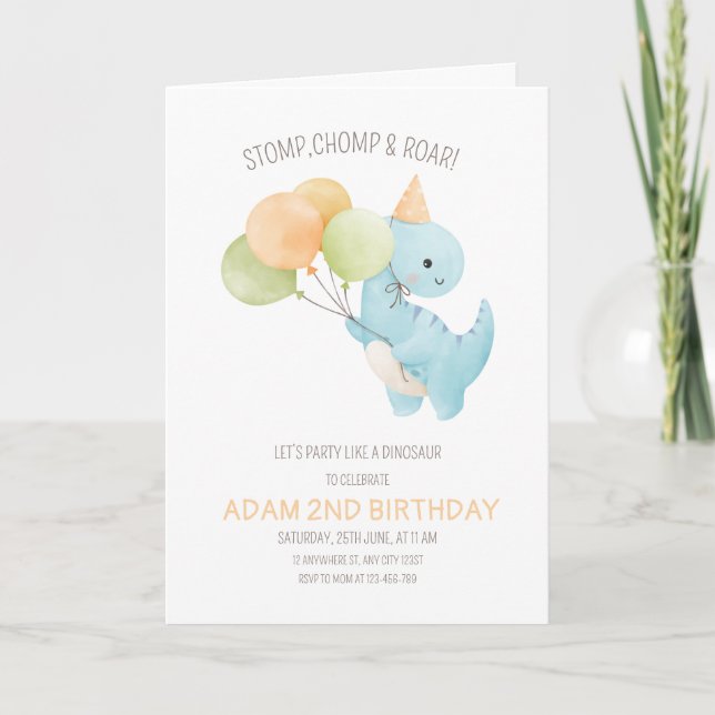 Dinosaur födelsedagsinbjudan, minimalistisk t rex inbjudan (Framsida)