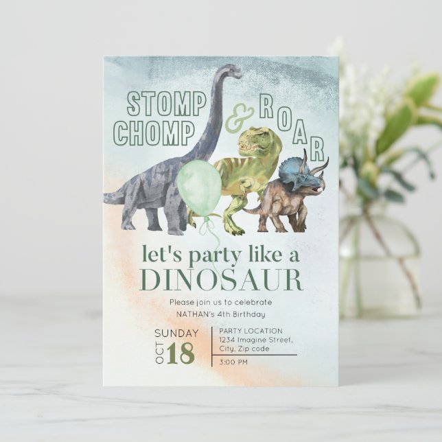 Dinosaur-födelsedagsinbjudan, Stomp Chomp och Roar Inbjudningar (Stående Fram)