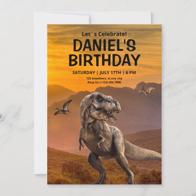 Dinosaur födelsedagsinbjudan, T REX Barn födelseda Inbjudningar (Framsida)