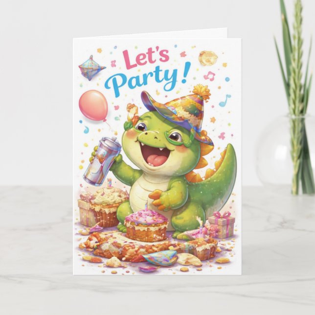 Dinosaur Födelsedagskort – ‘Dags att festa som en  Kort (Framsida)