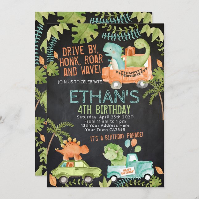 Dinosaur födelsedagsparad inbjudningar (Fram/baksida)