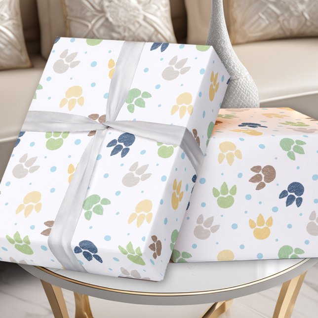 Dinosaur Footprint Blue Grönt Gult Boy Birthday Presentpapper (Dinosaur Footprints Blue Green Yellow Boy Birthday Wrapping Paper)
