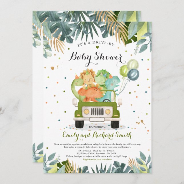 Dinosaur för inbjudan till babyvisningsprogrammet (Fram/baksida)