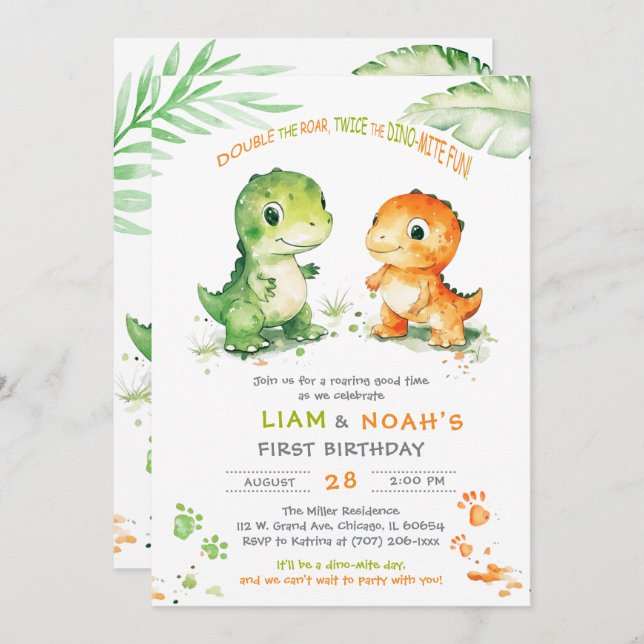 Dinosaur första födelsedag i Inbjudan för två pojk (Fram/baksida)