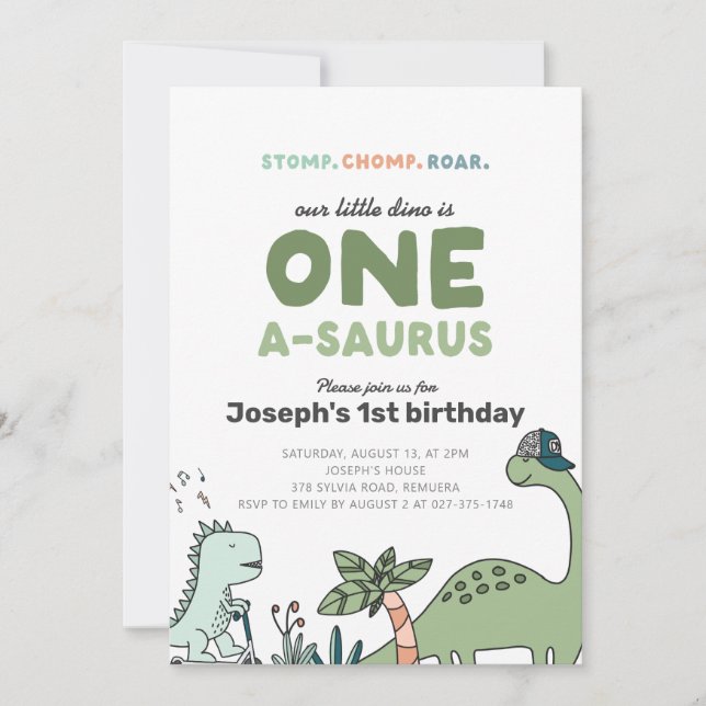 Dinosaur första Födelsedagsfesten Inbjudan (Framsida)