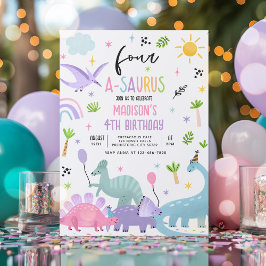 Dinosaur Four-A-Saurs Rosa 4e födelsedagen Party Inbjudningar