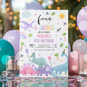 Dinosaur Four-A-Saurs Rosa 4e födelsedagen Party Inbjudningar