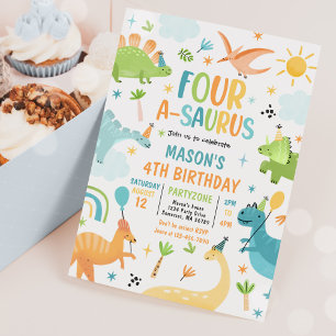 Dinosaur Four-A-Saurus 4e födelsedagen Party Inbjudningar