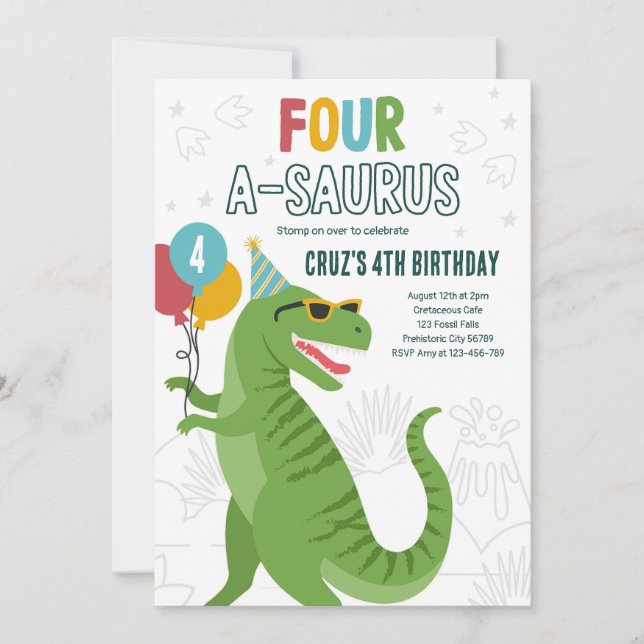 Dinosaur Four A-Saurus 4e födelsedagen Party T-Rex Inbjudningar (Framsida)