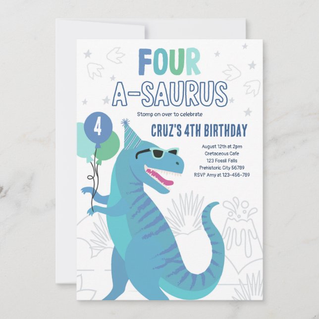 Dinosaur Four A-Saurus 4e födelsedagen Party T-Rex Inbjudningar (Framsida)
