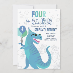 Dinosaur Four A-Saurus 4e födelsedagen Party T-Rex Inbjudningar