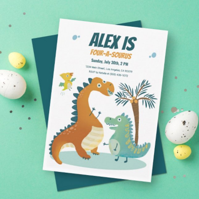 Dinosaur Four-A-Saurus Kids 4e födelsedagen Inbjud Inbjudningar (Skapare uppladdad)