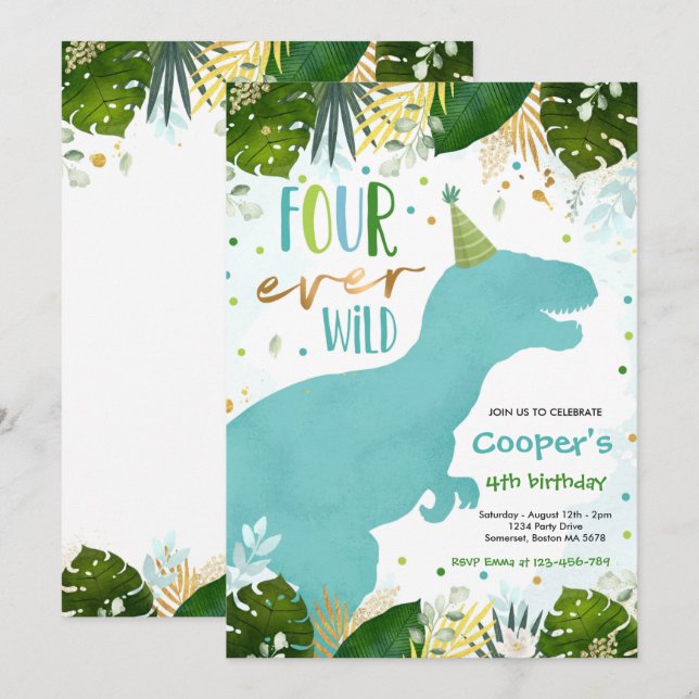 Dinosaur Four Vild Boy Dinosaur 4e födelsedagen Inbjudningar (Fram/baksida)