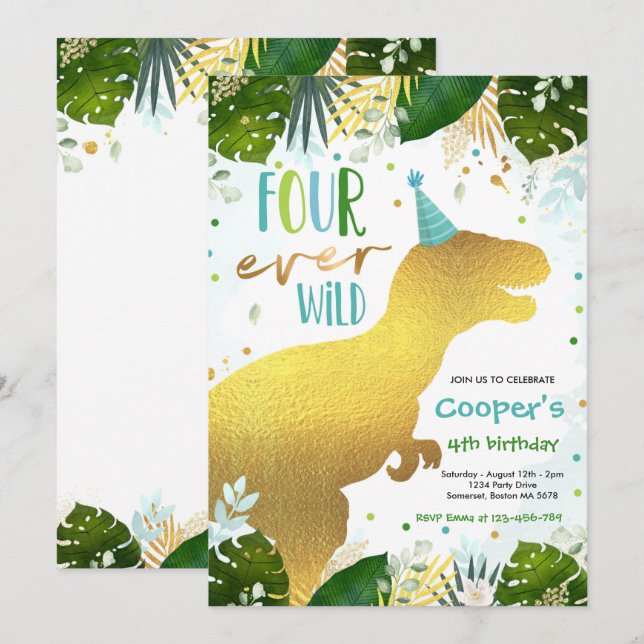 Dinosaur Four Vild Boy Dinosaur 4e födelsedagen Inbjudningar (Fram/baksida)