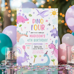 Dinosaur Fyra Rosa T-Rex 4e födelsedagen Party Inbjudningar