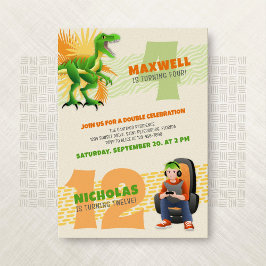 Dinosaur Gamer Joint Dubbla Birthday Call Inbjudningar