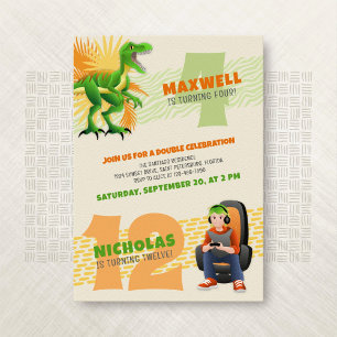 Dinosaur Gamer Joint Dubbla Birthday Call Inbjudningar