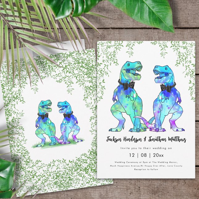 Dinosaur Gay Bröllop T-Rex Två Brudgummar Inbjudningar (Dinosaur gay wedding two T-Rex grooms colorful dino wedding invitation in vibrant bright colors )