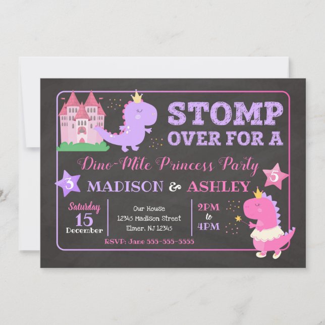 Dinosaur gemensam födelsedagsinbjudan för tjejer inbjudningar (Framsida)