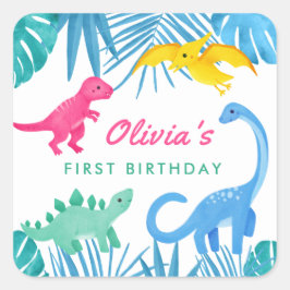Dinosaur Girl 1st Birthday Colorful Fyrkantigt Klistermärke